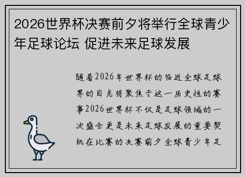 2026世界杯决赛前夕将举行全球青少年足球论坛 促进未来足球发展