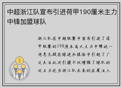 中超浙江队宣布引进荷甲190厘米主力中锋加盟球队