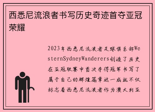 西悉尼流浪者书写历史奇迹首夺亚冠荣耀 西悉尼流浪者书写历史奇迹首夺亚冠荣耀