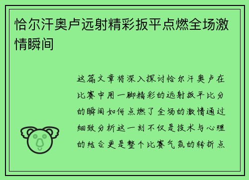 恰尔汗奥卢远射精彩扳平点燃全场激情瞬间 恰尔汗奥卢远射精彩扳平点燃全场激情瞬间